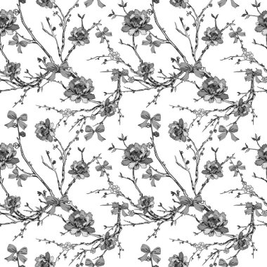 Chinoiserie 'den esinlendim. Klasik çiçek illüstrasyonu. Siyah ve beyaz doğu Asya botanik arka planı