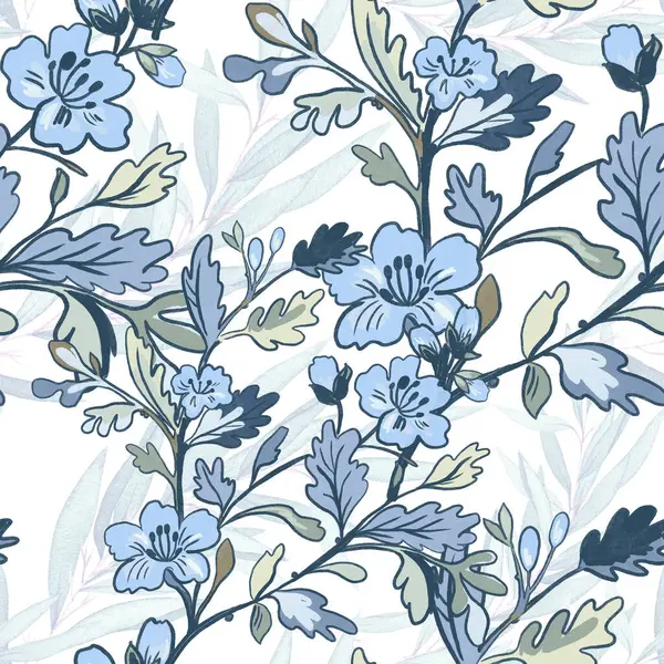 Chinoiserie inspired. Vintage floral illustration. Blue and white oriental eastern asian seamless pattern