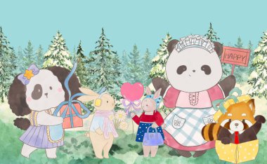 Ormandaki hayvan dostu hediye kutusu tatlı pasta fırını komik ve neşe şablon doğa orman geçmiş tebrik kartı için.