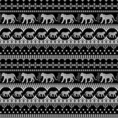 Kaplan Leopar hayvan grafikleri klasik Hint etnik geleneği. Fok kabile süslemeleri siyah üzerine kusursuz desenler boyama kitapları, tekstil, baskılar, telefon kılıfları, tebrik kartları için kullanılabilir.