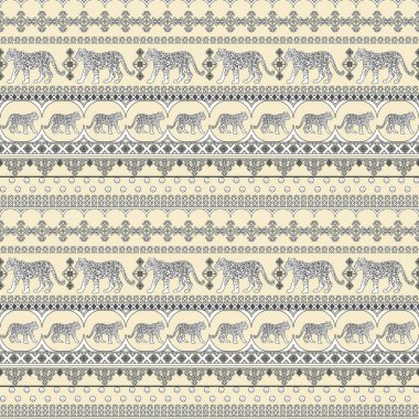 Kaplan Leopar 'ın siyah ana hatları pürüzsüz sınır deseni. Süslü Hint etnik kabilesi süslemeleri krem bir arka planda folklor. Yetişkinler ve çocuklar için boyama kitabı