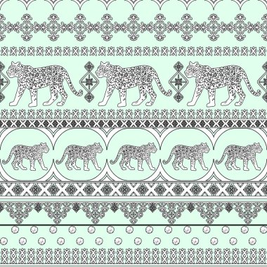 Kaplan Leopar 'ın siyah çizgileri, Hint etnik kabilesinin süsleriyle süslenmiş kusursuz sınır çizgisi mavi bir arka planda folklor. Yetişkinler ve çocuklar için boyama kitabı