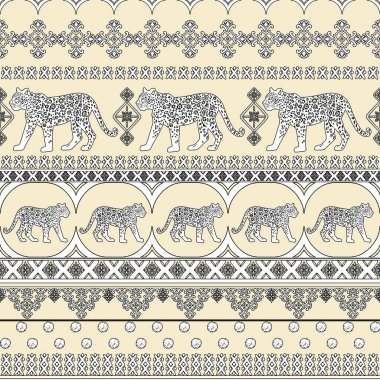 Kaplan Leopar 'ın siyah ana hatları pürüzsüz sınır deseni. Süslü Hint etnik kabilesi süslemeleri krem bir arka planda folklor. Yetişkinler ve çocuklar için boyama kitabı