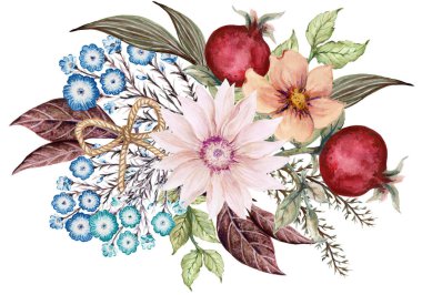 Suluboya unsurlar kır çiçekleri, otlar. Buket koleksiyonu, çayır, dallar. Beyaz arka planda izole edilmiş element çizimi. Bitkiler hakkında.