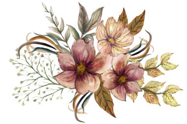 Suluboya unsurlar kır çiçekleri, otlar. Buket koleksiyonu, çayır, dallar. Beyaz arka planda izole edilmiş element çizimi. Bitkiler hakkında.