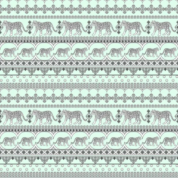 Tiger Leopard animal black outline  seamless border pattern with ornate Indian ethnic tribal  ornaments folklore on a blue background. Coloring book for adults and children