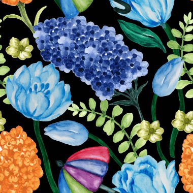 Bahar Bahçesi çiçekleri yeşillik botanik el kusursuz desenler çizdi. Suluboya tasarımı. Kumaş, defter, ambalaj, kart yapımı için kır evi estetiği.