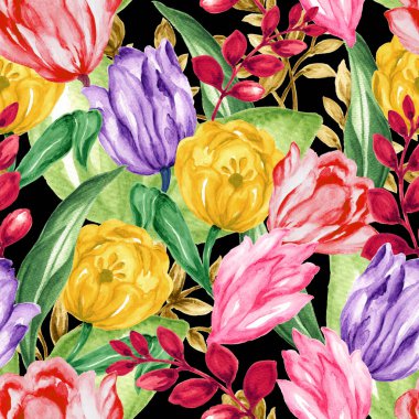 Bahar Bahçesi çiçekleri yeşillik botanik el kusursuz desenler çizdi. Suluboya tasarımı. Kumaş, defter, ambalaj, kart yapımı için kır evi estetiği.