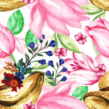 Bahar Bahçesi çiçekleri yeşillik botanik el kusursuz desenler çizdi. Suluboya tasarımı. Kumaş, defter, ambalaj, kart yapımı için kır evi estetiği.