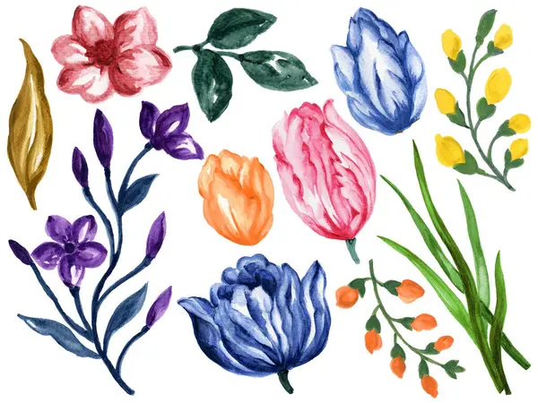 Tavaszi Kert Fajta Virágok Zöld Botanikus Kézzel Rajzolt Zökkenőmentes Minta Stock Kép