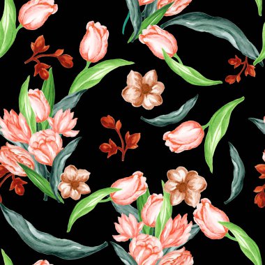 Suluboya desensiz kırsal laleler bahçe şablonu ilkbahar için moda baskısı 