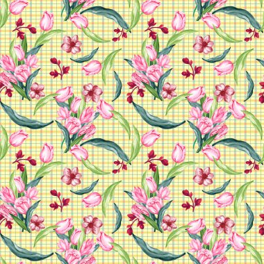 Çiçek açan lale ve çayır çiçekleri... arka plan tartan pastel rengini... kadınsı moda, iç dekorasyon için tekrarlıyorlar.