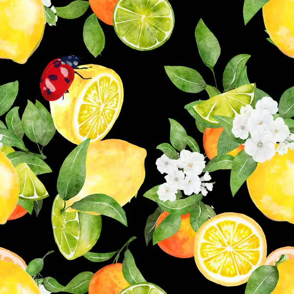Seamless pattern watercolor with citrus orange lime lemon fruit with ladybug background print  illustration design for paper, covers, cards, fabrics, interior
