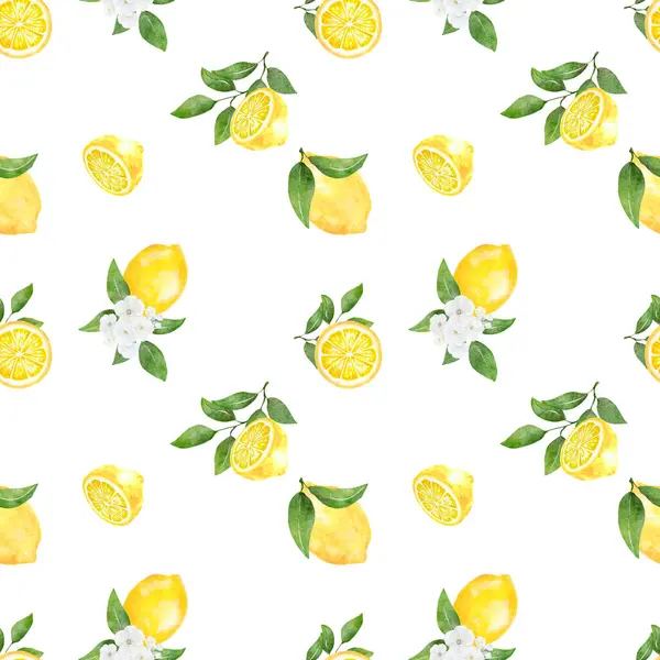 Seamless pattern watercolor with citrus lemon fruit white flower background print  illustration design for paper, covers, cards, fabrics, interior