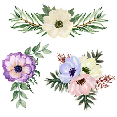 Watercolor gouache set of anemone floral and leaves  hand drawn floral illustration isolated on white background Elegant flower set in vintage watercolor style clipart