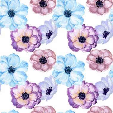 Suluboya gouache anemone çiçekli ve el çizimi çiçek desenli arka plan pürüzsüz zarif çiçek tarzı