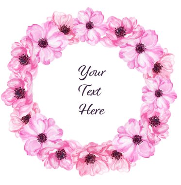 Suluboya gouache etiketi anemone çiçekli ve tebrik kartları için beyaz arka plan vintage tarzı üzerine el çizimi çiçek çelengi bırakıyor