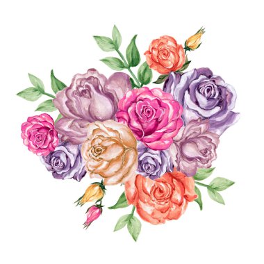 Suluboya gouache illüstrasyon tatlı gül buketi ve beyaz arka planda yapraklar el boyası