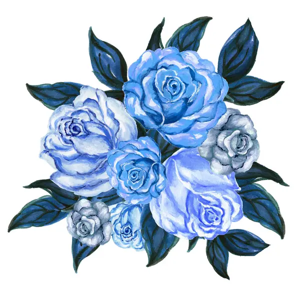 Aquarell Gouache Illustration Blauer Rosenstrauß Und Blätter Auf Weißem Hintergrund Stockfoto