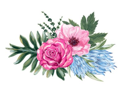 suluboya gouache zarif vintage buket güzel gül şakayığı prota çiçeği ve elle boyanmış yapraklar 