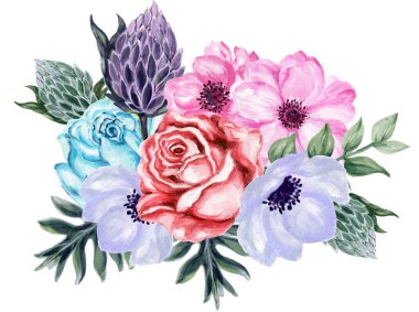 suluboya gouache zarif vintage buket güzel gül şakayığı prota çiçeği ve elle boyanmış yapraklar 