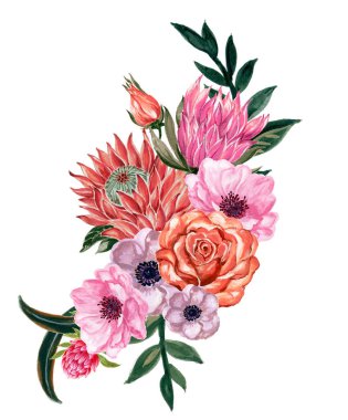 suluboya gouache zarif vintage buket güzel gül şakayığı prota çiçeği ve elle boyanmış yapraklar 