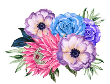 suluboya gouache zarif vintage buket güzel gül şakayığı prota çiçeği ve elle boyanmış yapraklar 