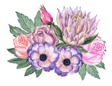 suluboya gouache zarif vintage buket güzel gül şakayığı prota çiçeği ve elle boyanmış yapraklar 