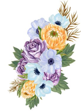 suluboya gouache zarif vintage buket güzel gül şakayığı prota çiçeği ve elle boyanmış yapraklar 