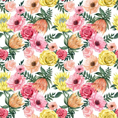 Kusursuz desenli, zarif çiçekli arka plan. Renkli gül şakayığı, prota çiçekli suluboya elle boyanmış.