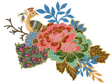 Çiçekli tavus kuşu sanatının güzelliği Malezya ve Endonezya Batik Sarong buketi suluboya el boyası