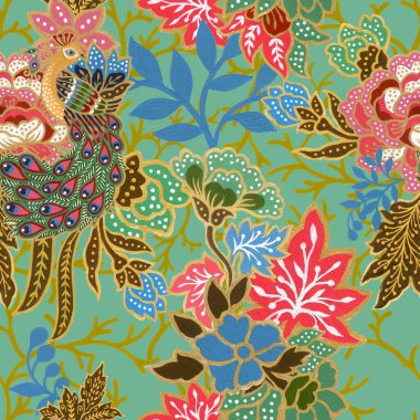 Geleneksel tavus kuşu desenli suluboya el boyalı egzotik tavus kuşu desenli dikişsiz altın desenli. 