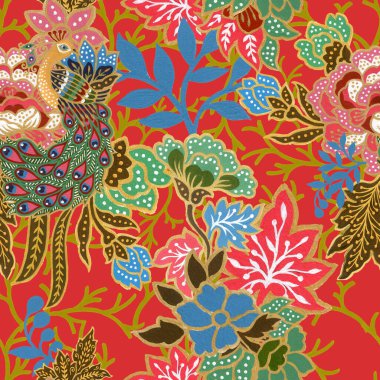 Geleneksel tavus kuşu desenli suluboya el boyalı egzotik tavus kuşu desenli dikişsiz altın desenli. 