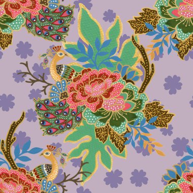 Geleneksel tavus kuşu suluboya el resmi ve egzotik çiçek desenli klasik, dikişsiz altın desenli el resmi. 