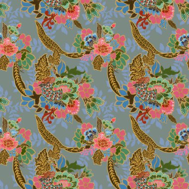 Geleneksel tavus kuşu desenli suluboya el boyalı egzotik tavus kuşu desenli dikişsiz altın desenli. 