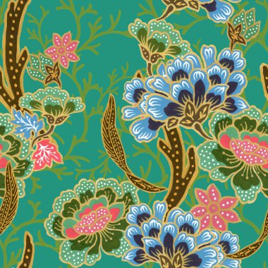 Klasik dikişsiz altın desenli egzotik çiçek desenli suluboya el resmi. 