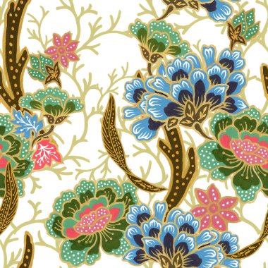 Klasik dikişsiz altın desenli egzotik çiçek desenli suluboya el resmi. 