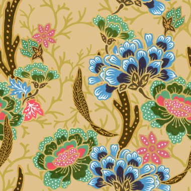 Klasik dikişsiz altın desenli egzotik çiçek desenli suluboya el resmi. 