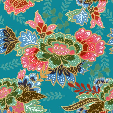 Klasik dikişsiz altın desenli egzotik çiçek desenli suluboya el resmi. 