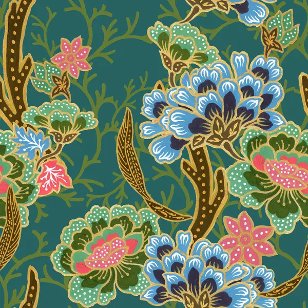 Klasik dikişsiz altın desenli egzotik çiçek desenli suluboya el resmi. 