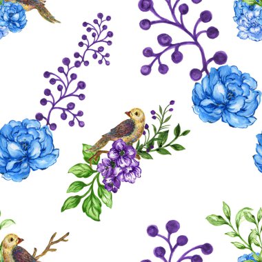 Kusursuz desenli buket çiçekli küçük kuş ve suluboya gouache el boyası Romantik çiçekli.