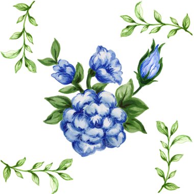 Kusursuz desenli buket gül mavisi çiçekler ve suluboya gouache eller Romantik çiçekleri çizer