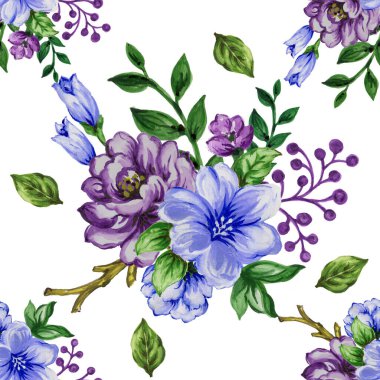Kusursuz desenli buket gül mavi mor çiçekler ve suluboya gouache eller Romantik çiçekleri çizer