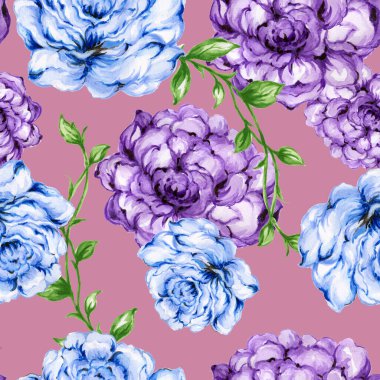 Kusursuz desenli buket gül mavi mor çiçekler ve suluboya gouache eller Romantik çiçekleri çizer