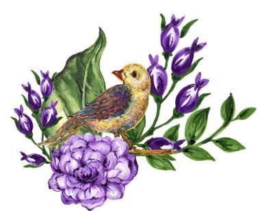 Suluboya gouache Kuş ve çiçek buketi Davetiye el boyası için Mavi Violet tasarımı