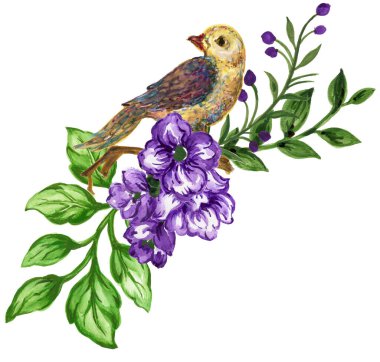 Suluboya gouache Kuş ve çiçek buketi Davetiye el boyası için Mavi Violet tasarımı