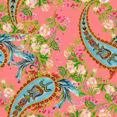 Suluboya küçük çiçek deseni, geleneksel Hint şal desenli arkaplan fasyon, iç, davetiye için pürüzsüz arka plan