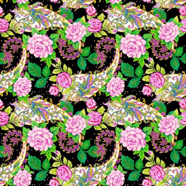 Suluboya Pembe Gül deseni, geleneksel Hint şal desenli arkaplan fasyon, iç, davetiye için kusursuz arkaplan