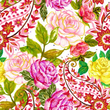 Suluboya gül desenleri, geleneksel Hint desenli desenli desenler fasyon için kusursuz arka plan, iç mekan, davetiye