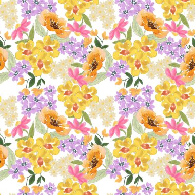 Kusursuz çiçek buketi desenli, bahar botanikli özgürlük düzenlemesi. Güzel botanik tasarımı: küçük el çizimi çiçek tomurcukları, beyaz arka planda küçük yapraklar